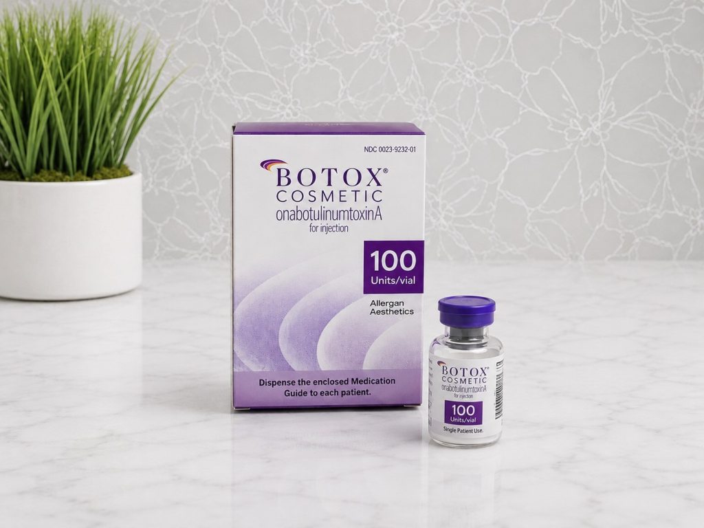 Botox Cosmetic (onabotulinumtoxinA) 100-unit vial and packaging used for FDA-approved aesthetic treatments to temporarily reduce the appearance of dynamic facial wrinkles. This image supports Trubella MedSpa & Aesthetics' guide on Botox in Dedham, MA, covering treatment expectations, costs, safety, and board-certified medical oversight.
